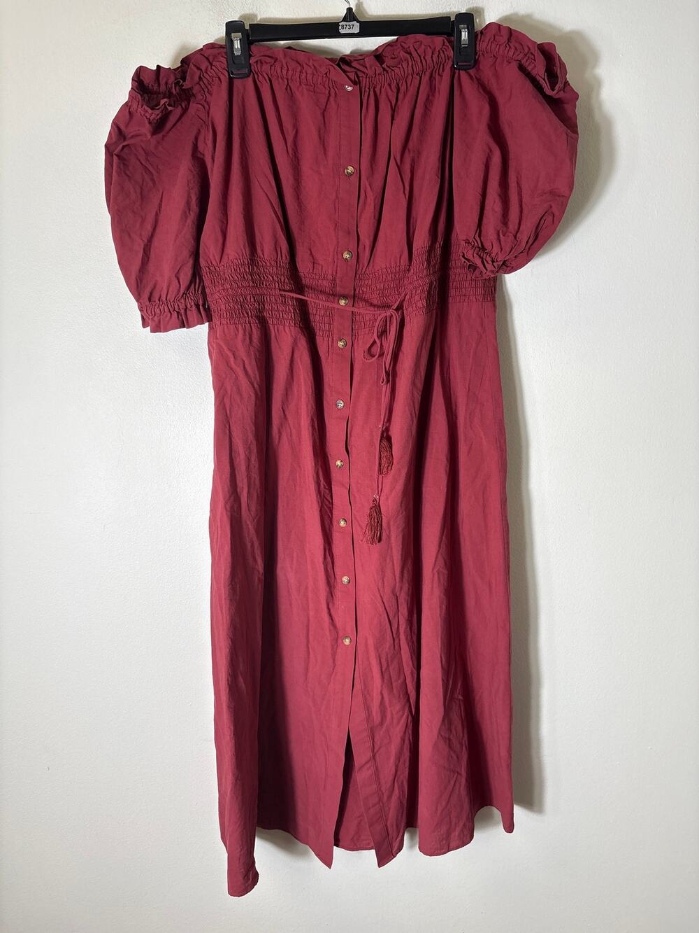 Whistles Crimson Red Off the Shoulder Smocked Waist Cotton Maxi Dress sz 12